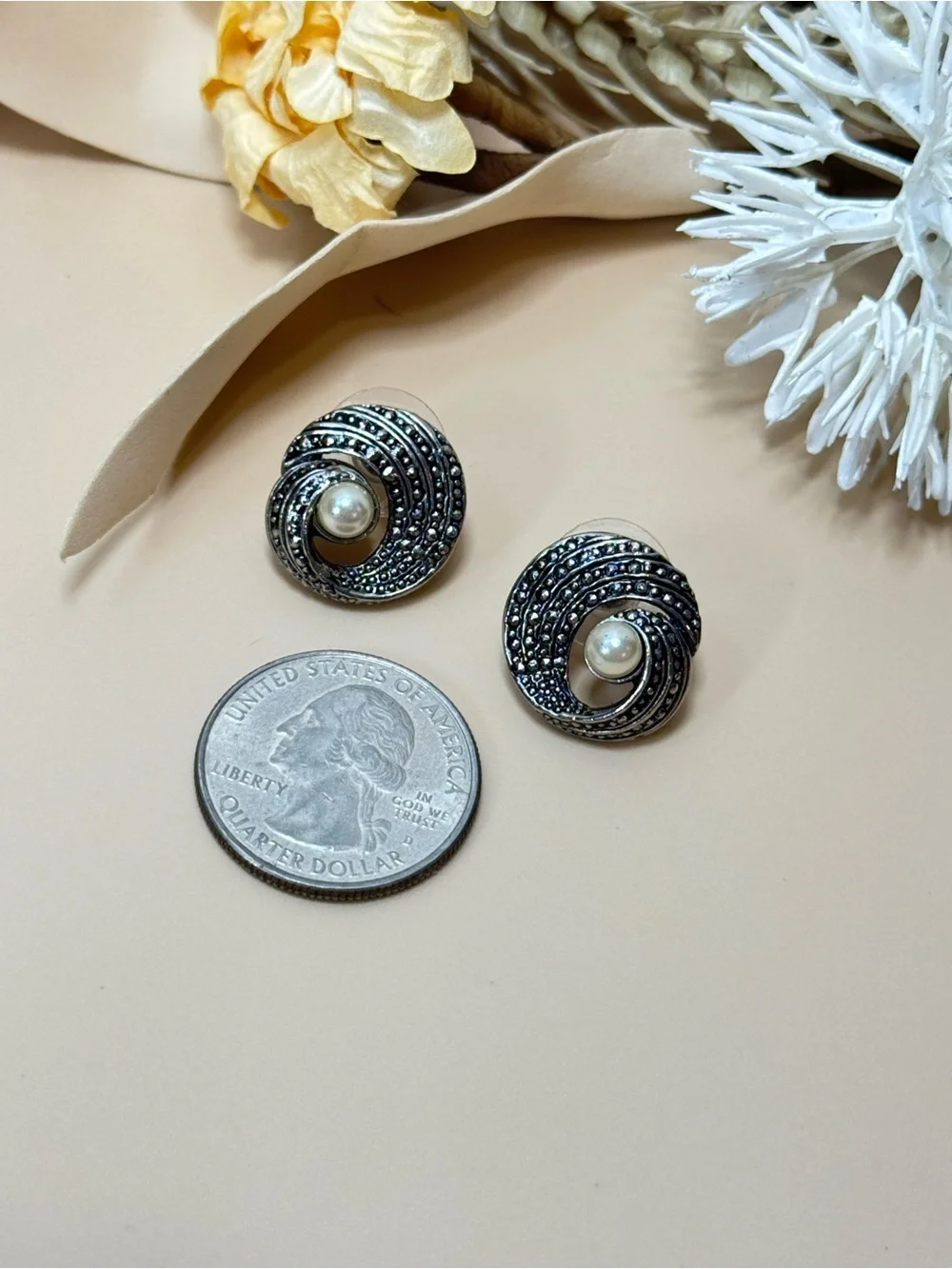 Vintage Silver Tone Swirl Faux Pearl Statement Post Earrings